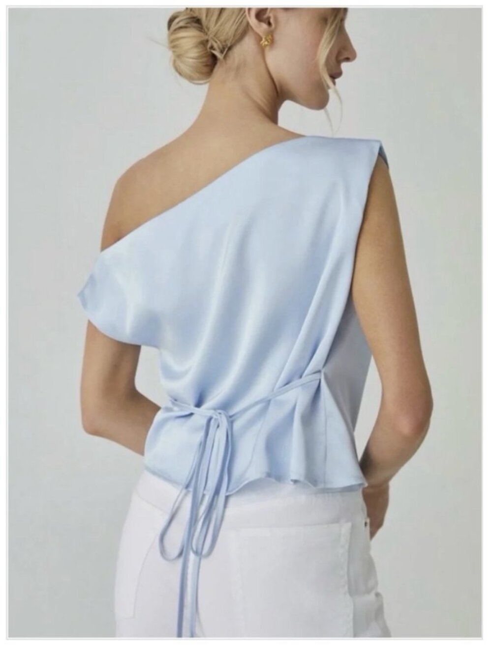 COMMENSE Light Blue Satin Draped Tie Side Top, M | NWT